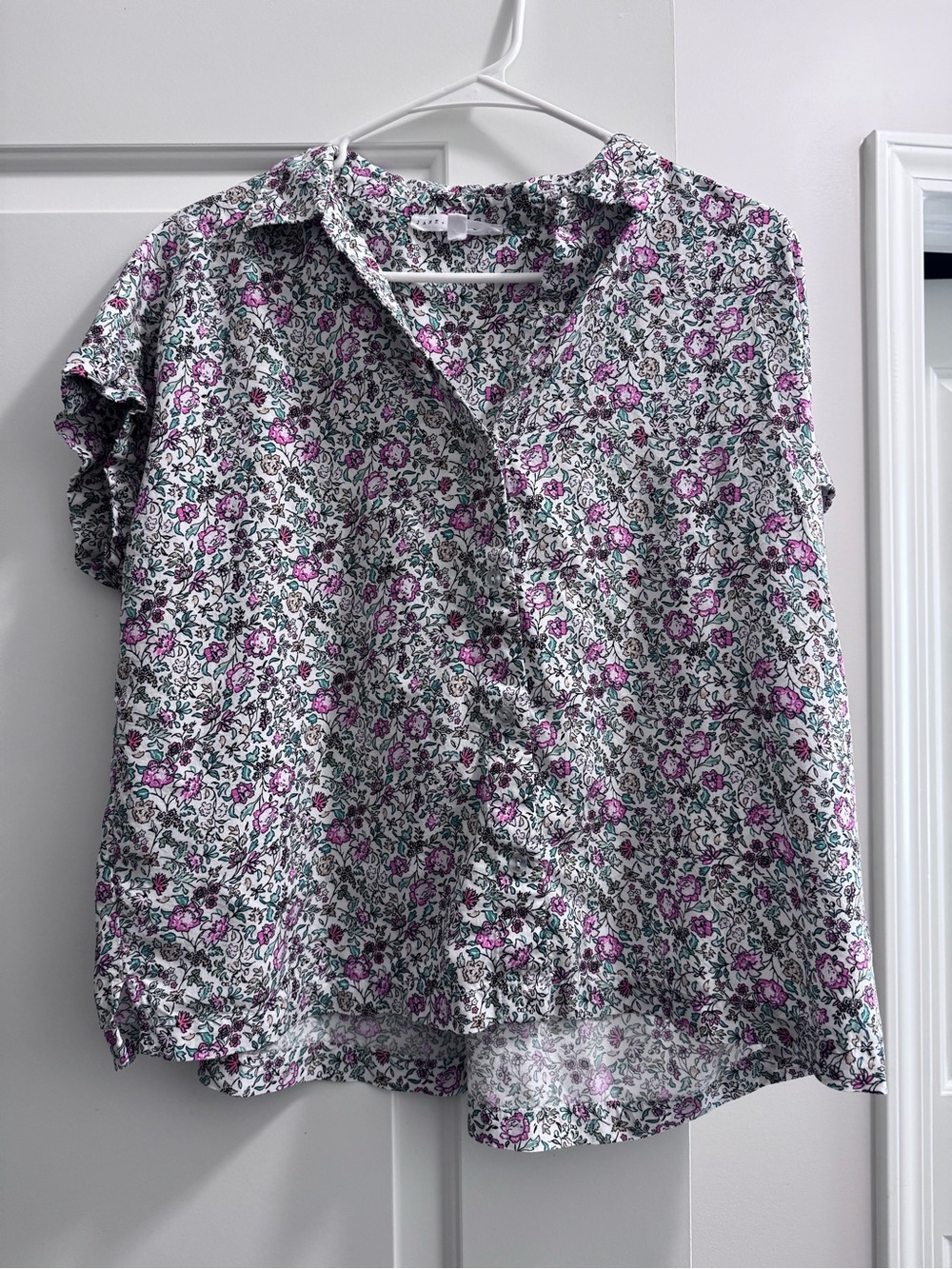 Button-Front Floral Shirt - White with Pink & Green